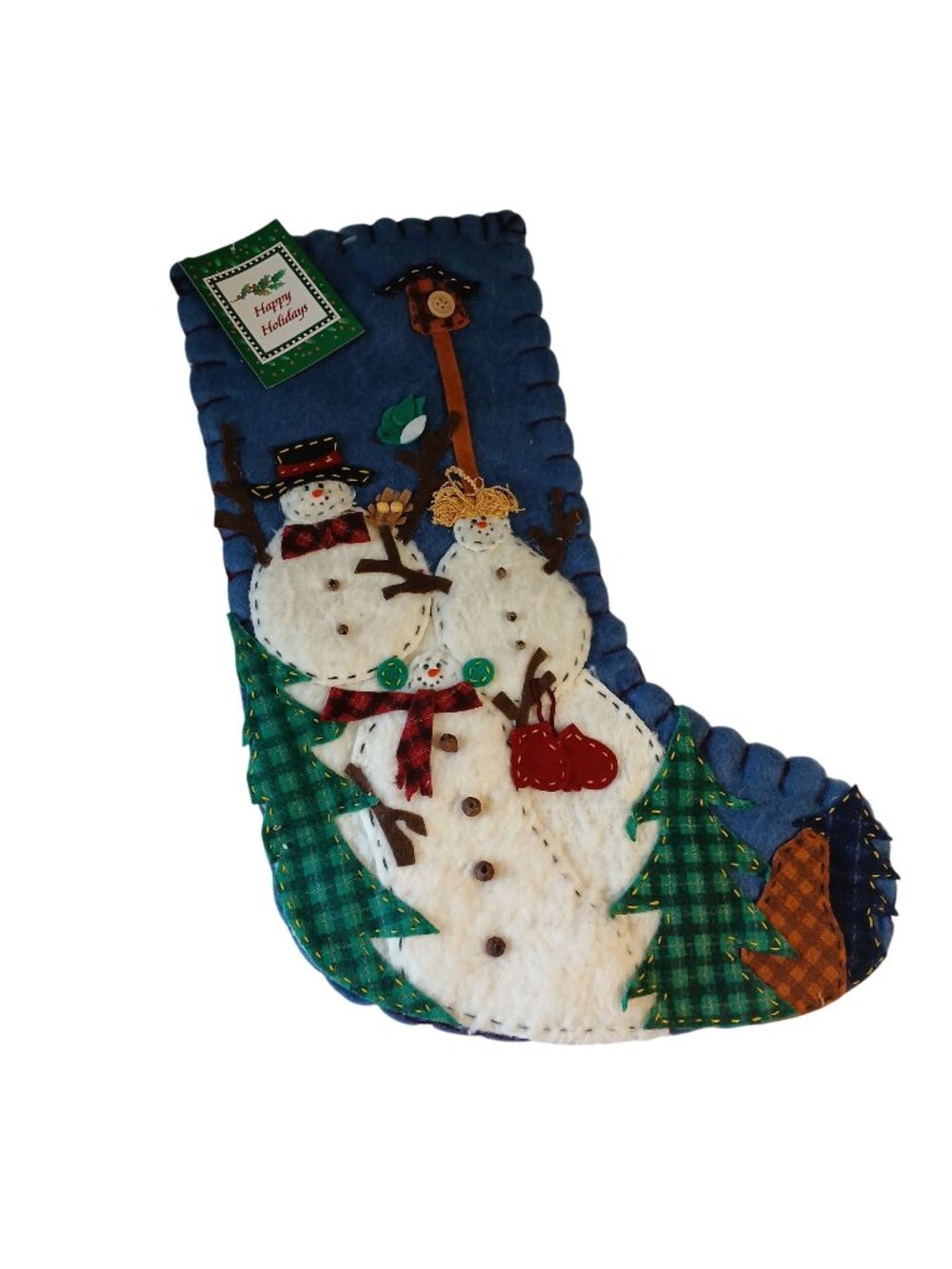 Felt Stocking W/ Applique Snowman Tree Holiday Design 20" VTG New W/ Tag #D-51